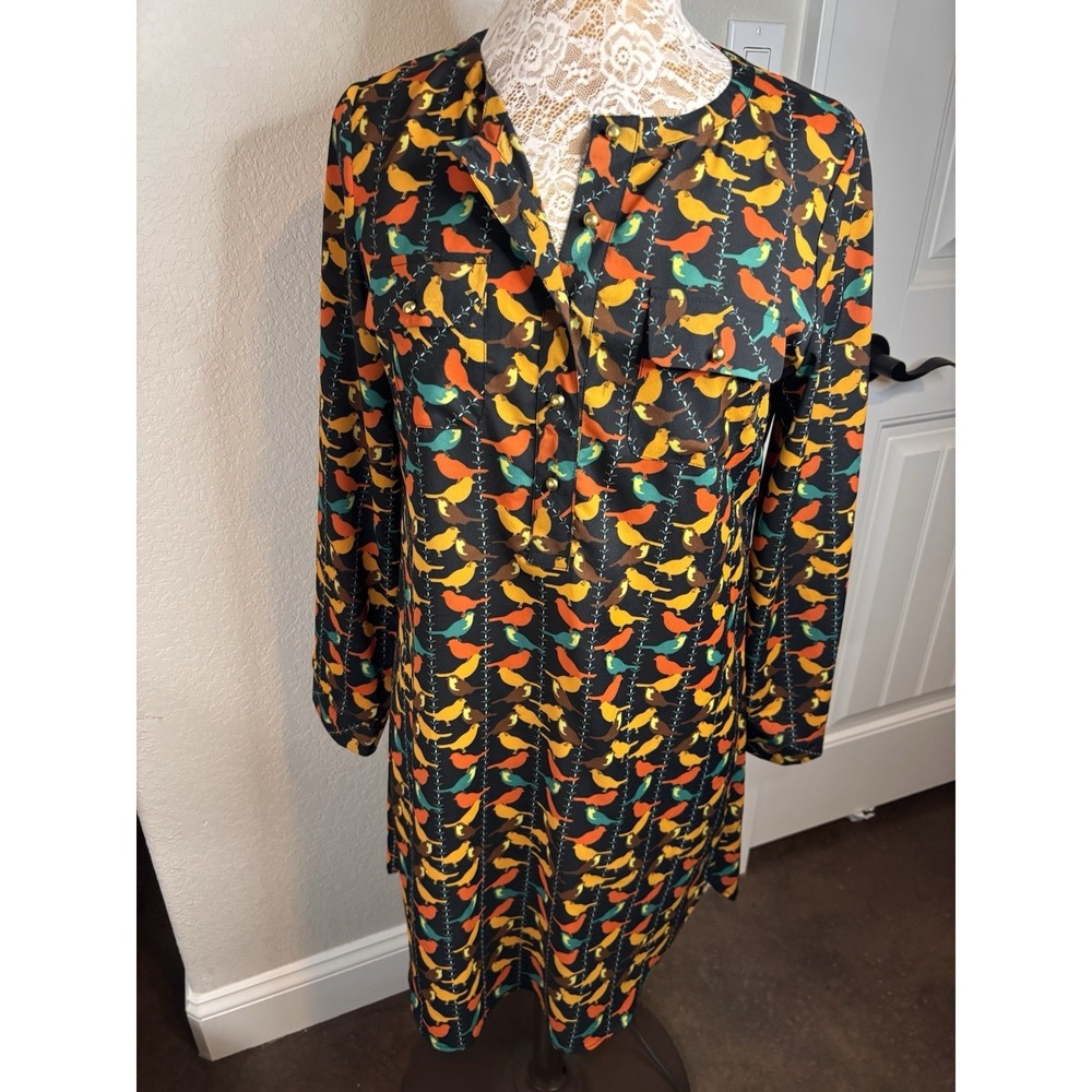 Uncle Frank Bird Print Henley‎ Shirt Hem Dress Long Sleeve Black M Whimsy NWOT
